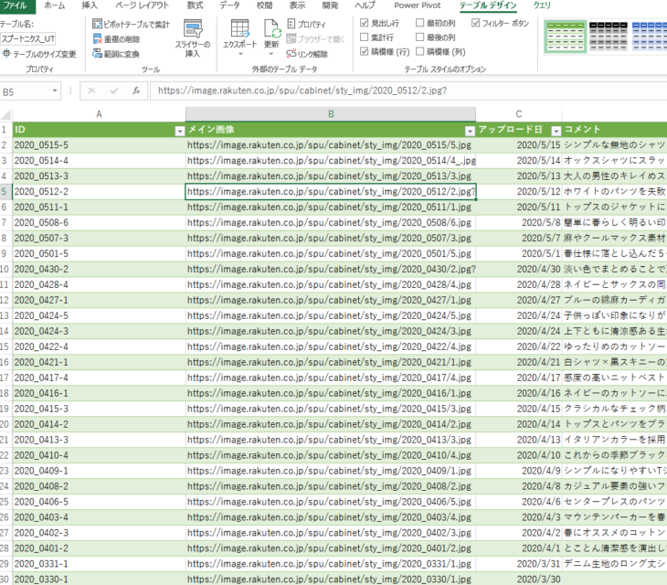 Excelのデータと取得と変換での読み込み結果